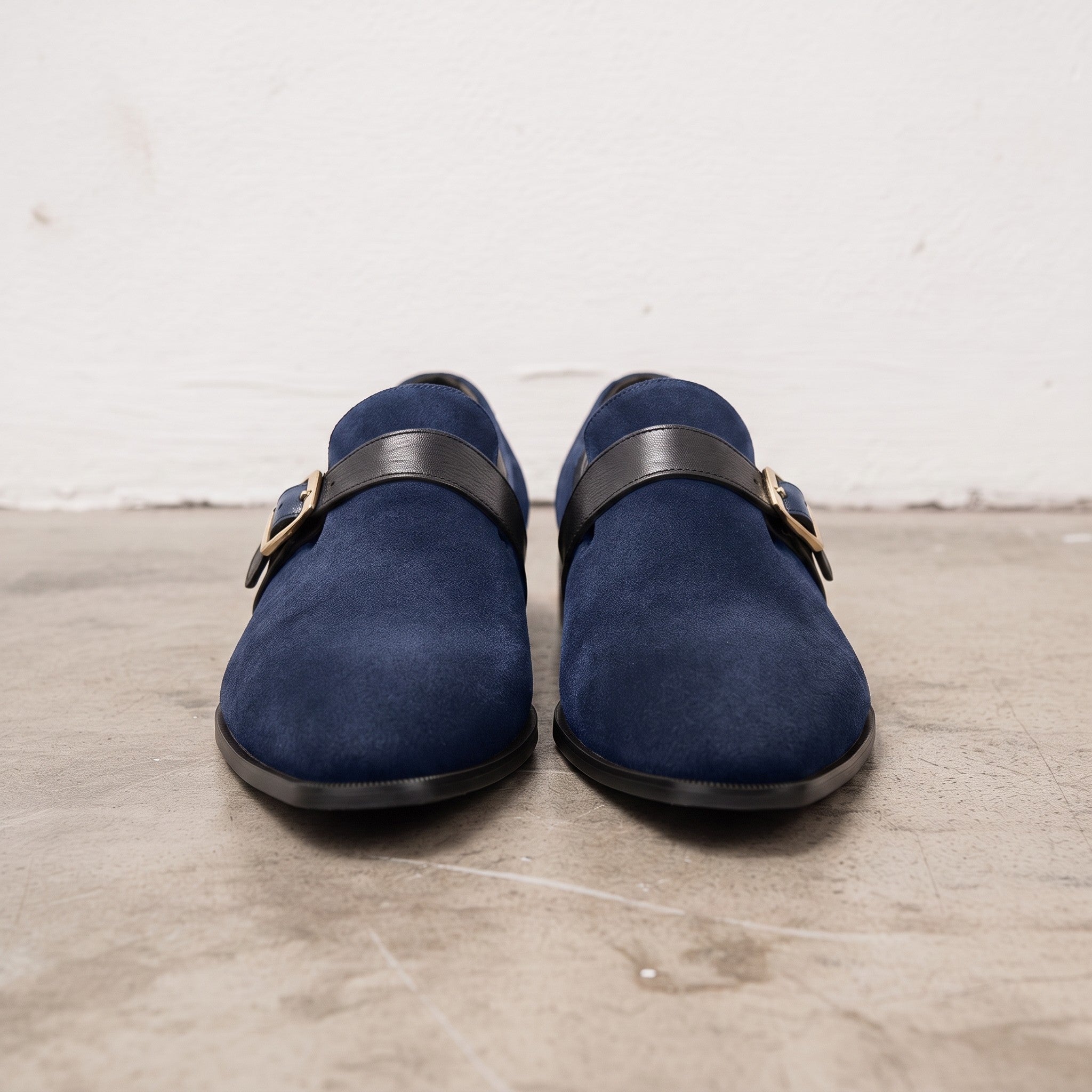 Men's Navy Blue Plain-Toe Suede Monk Strap Shoes — Goddard