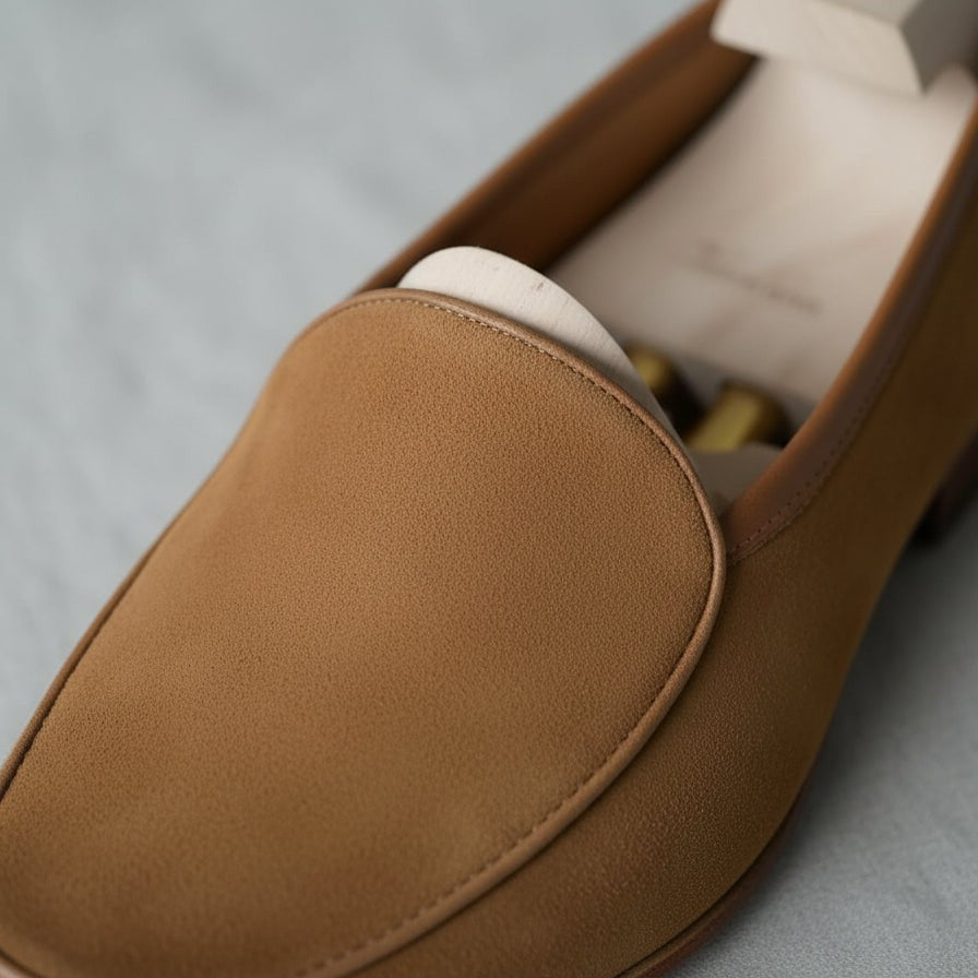 Men's Tan and Dark Brown Apron-Toe Suede Moccasins — Ashbury