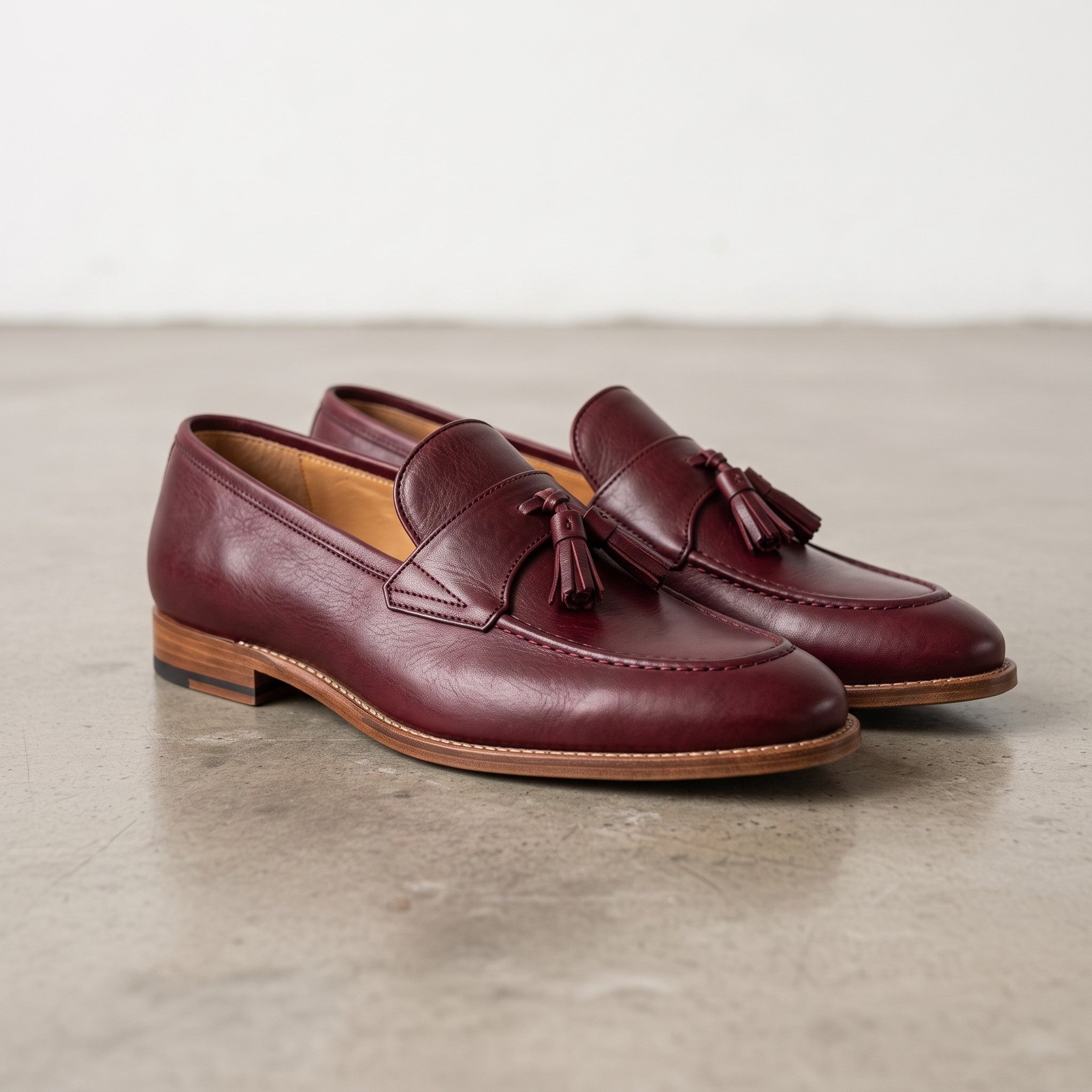 Men's Burgundy Apron-Toe Leather Tassel Loafers — Atley