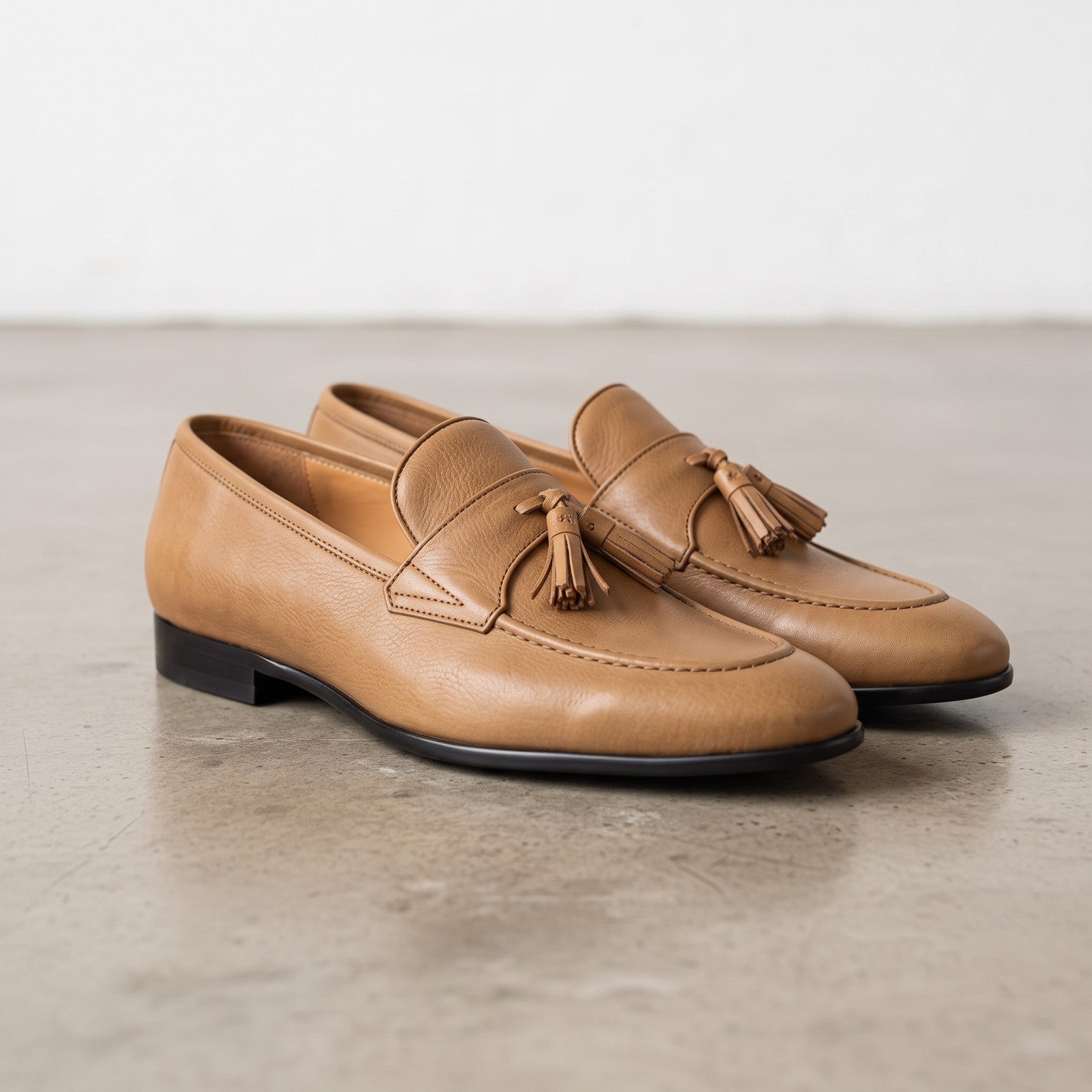 Men's Tan Apron-Toe Leather Tassel Loafers — Atley