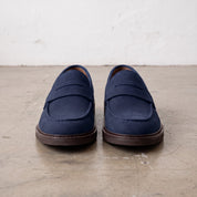Men's Navy Blue Apron-Toe Suede Penny Loafers — Thornbury