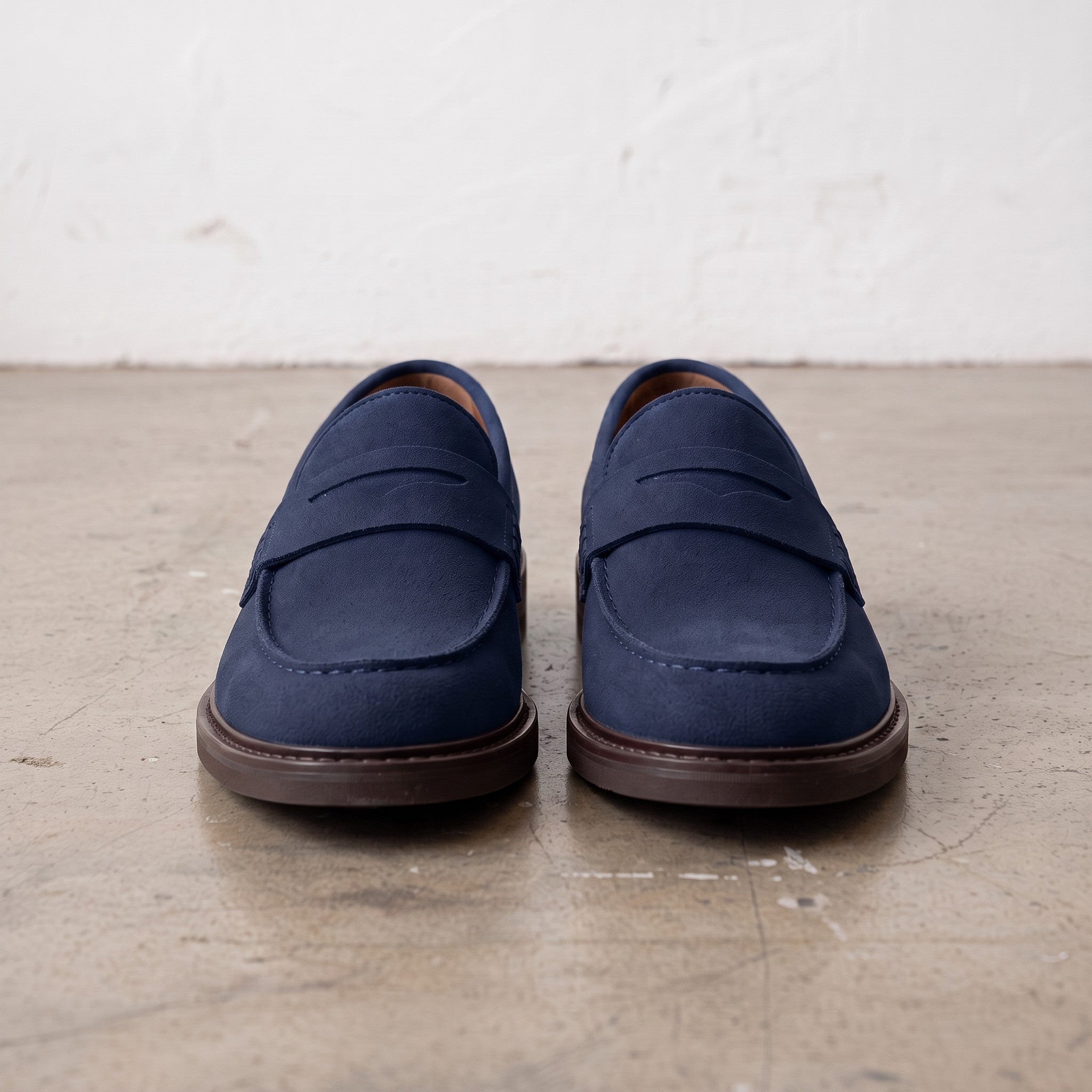 Men's Navy Blue Apron-Toe Suede Penny Loafers — Thornbury