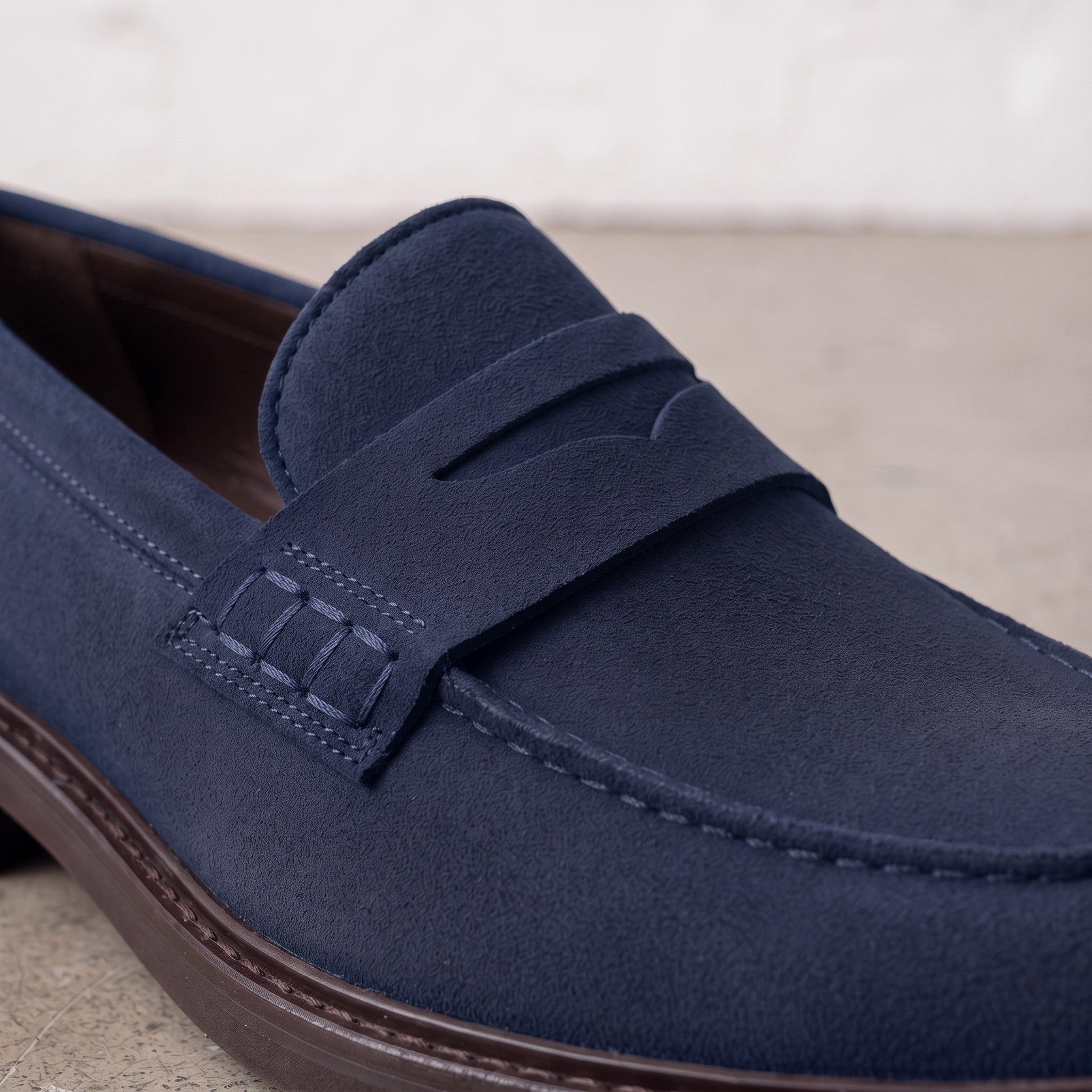 Men's Navy Blue Apron-Toe Suede Penny Loafers — Thornbury