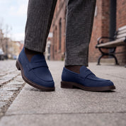 Men's Navy Blue Apron-Toe Suede Penny Loafers — Thornbury