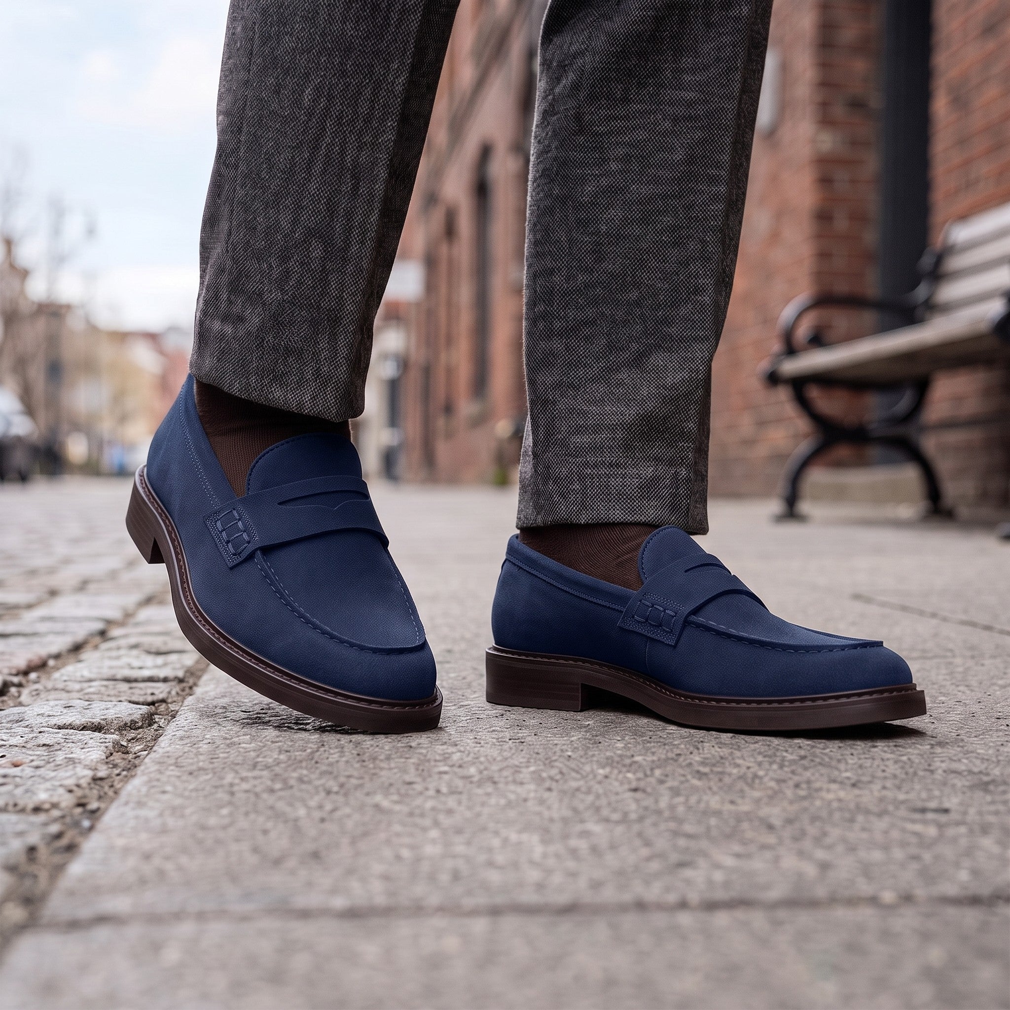 Men's Navy Blue Apron-Toe Suede Penny Loafers — Thornbury
