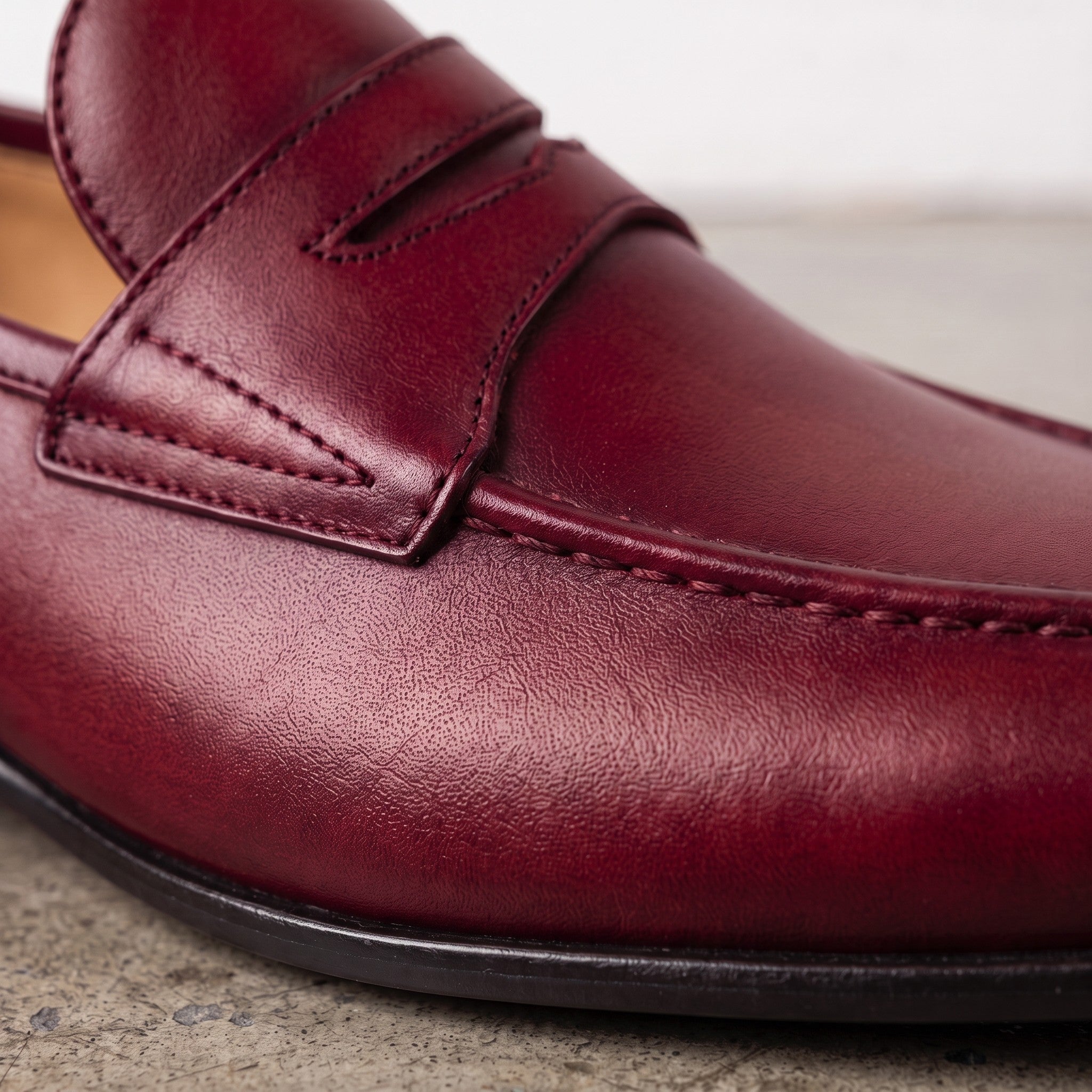 Men's Burgundy Apron-Toe Leather Penny Loafers — Bradley