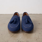 Men's Navy Blue Apron-Toe Suede Tassel Loafers — Crawshaw