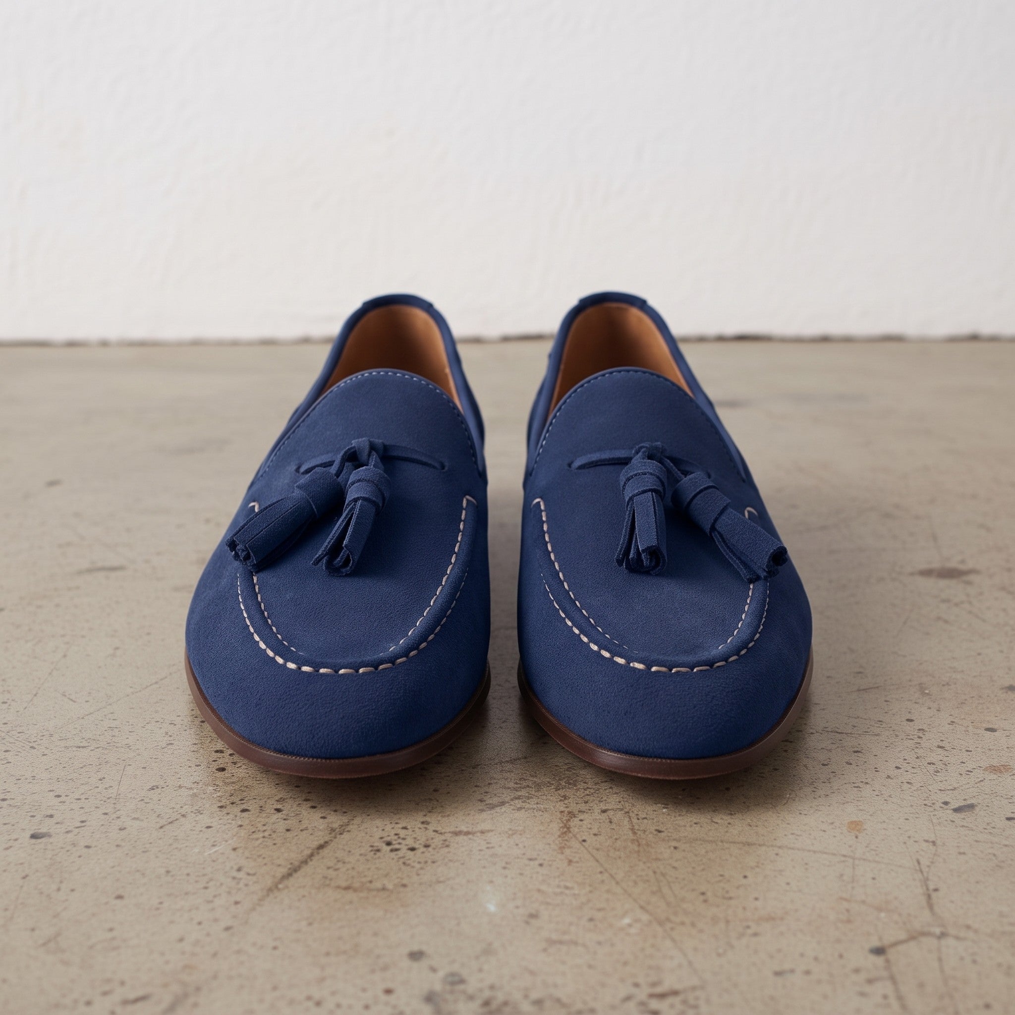 Men's Navy Blue Apron-Toe Suede Tassel Loafers — Crawshaw
