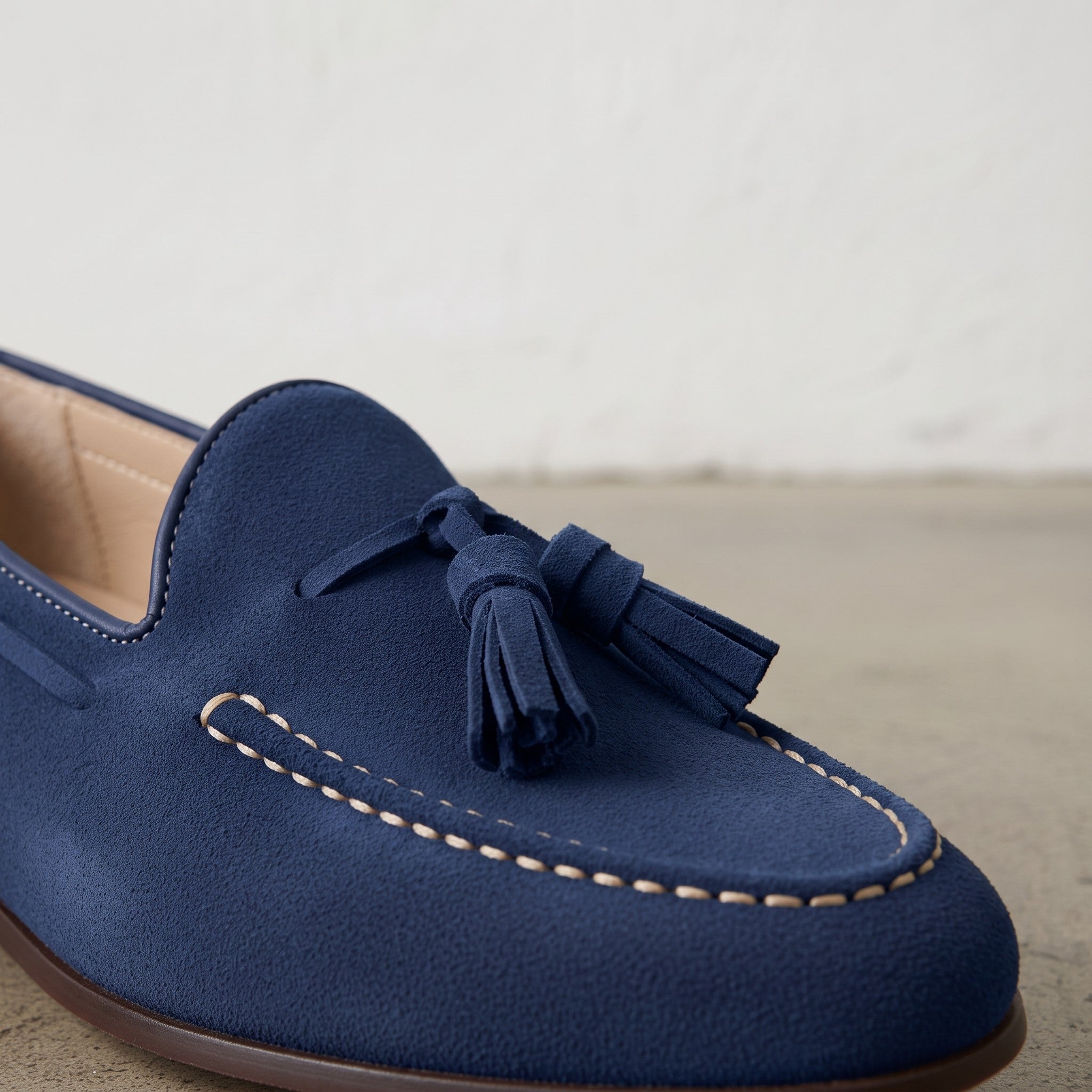 Men's Navy Blue Apron-Toe Suede Tassel Loafers — Crawshaw