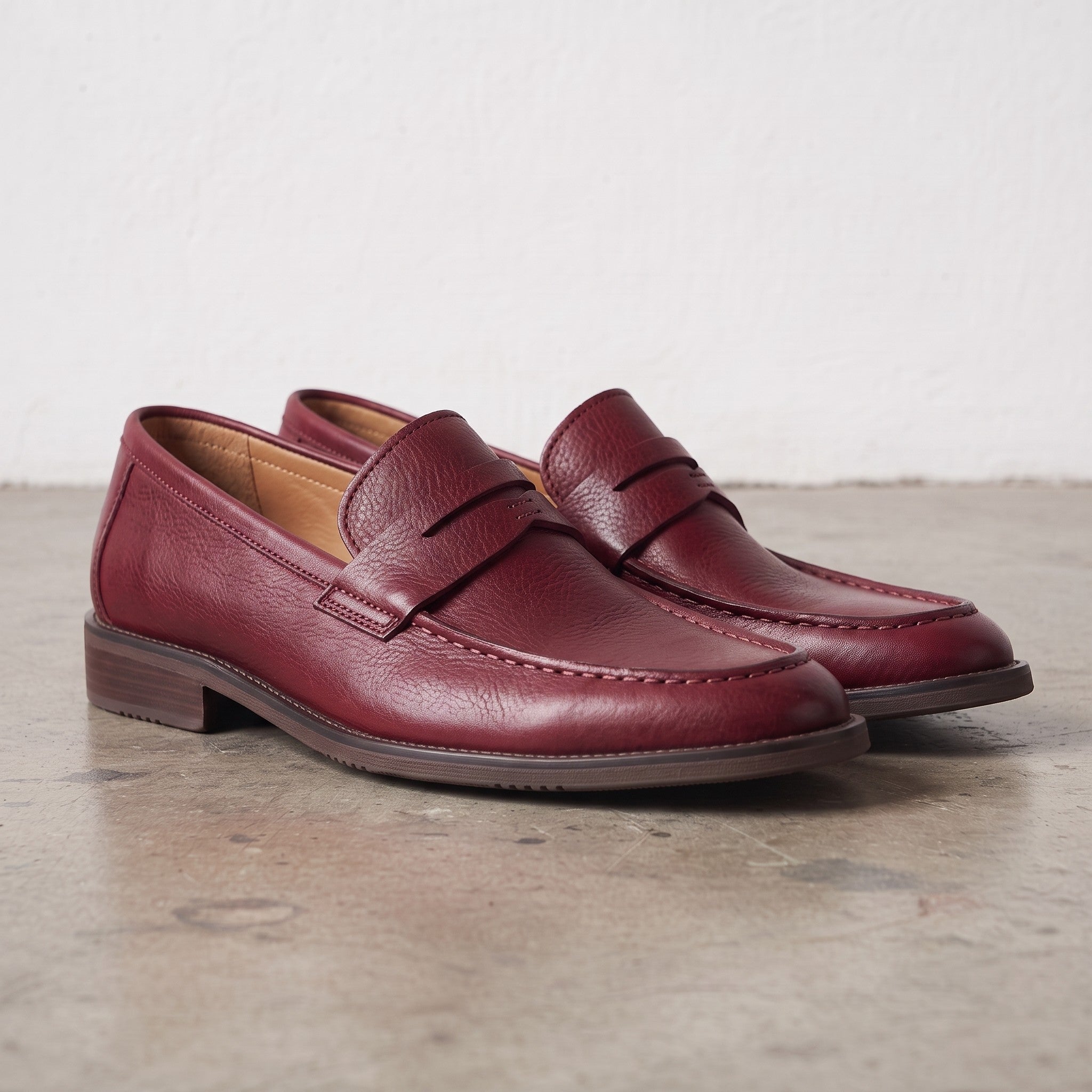 Men's Burgundy Apron-Toe Leather Penny Loafers — Elsley