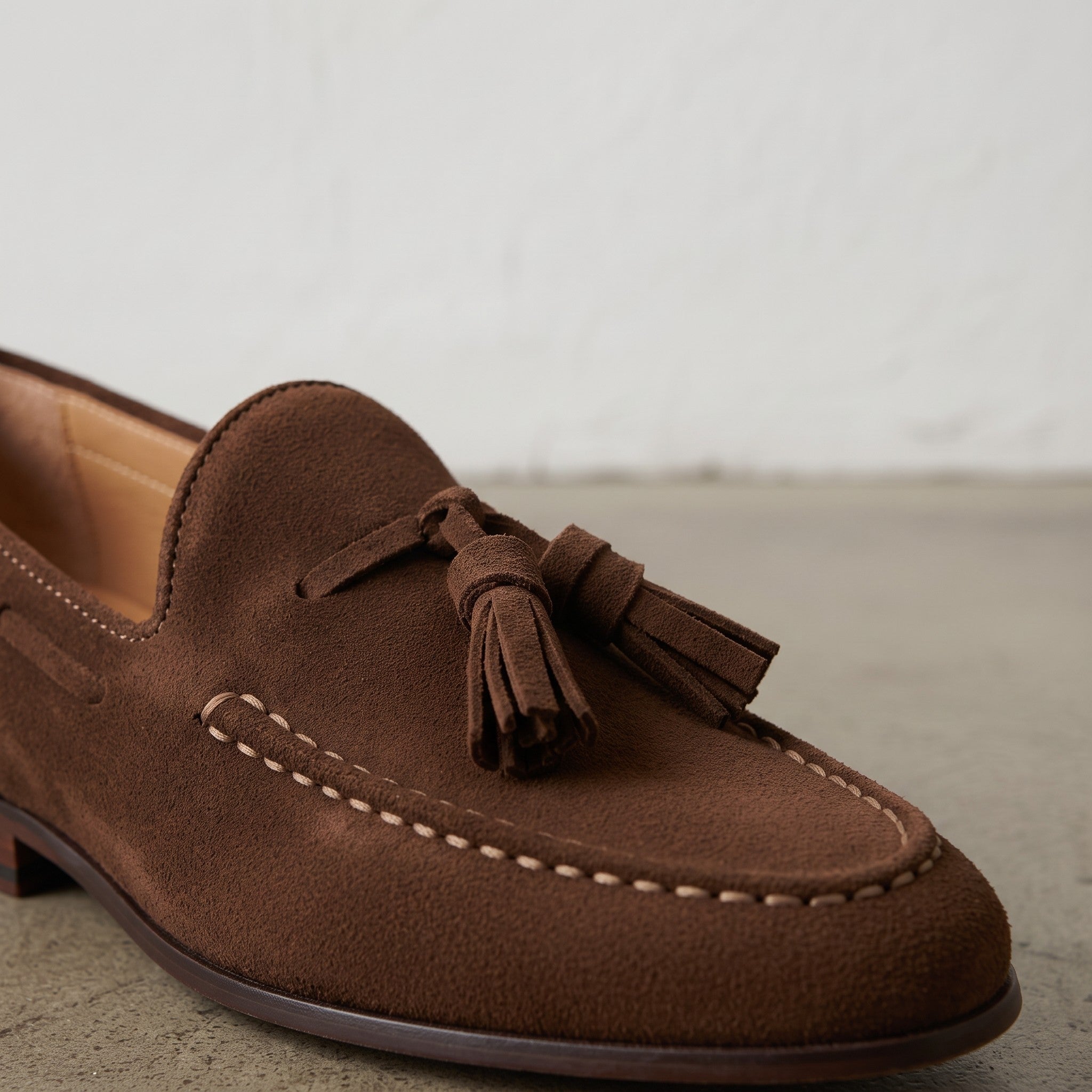 Men's Brown Apron-Toe Suede Tassel Loafers — Crawshaw