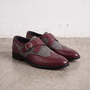 Men's Grey and Burgundy Wingtip Leather Monk Strap Shoes — Thirsk