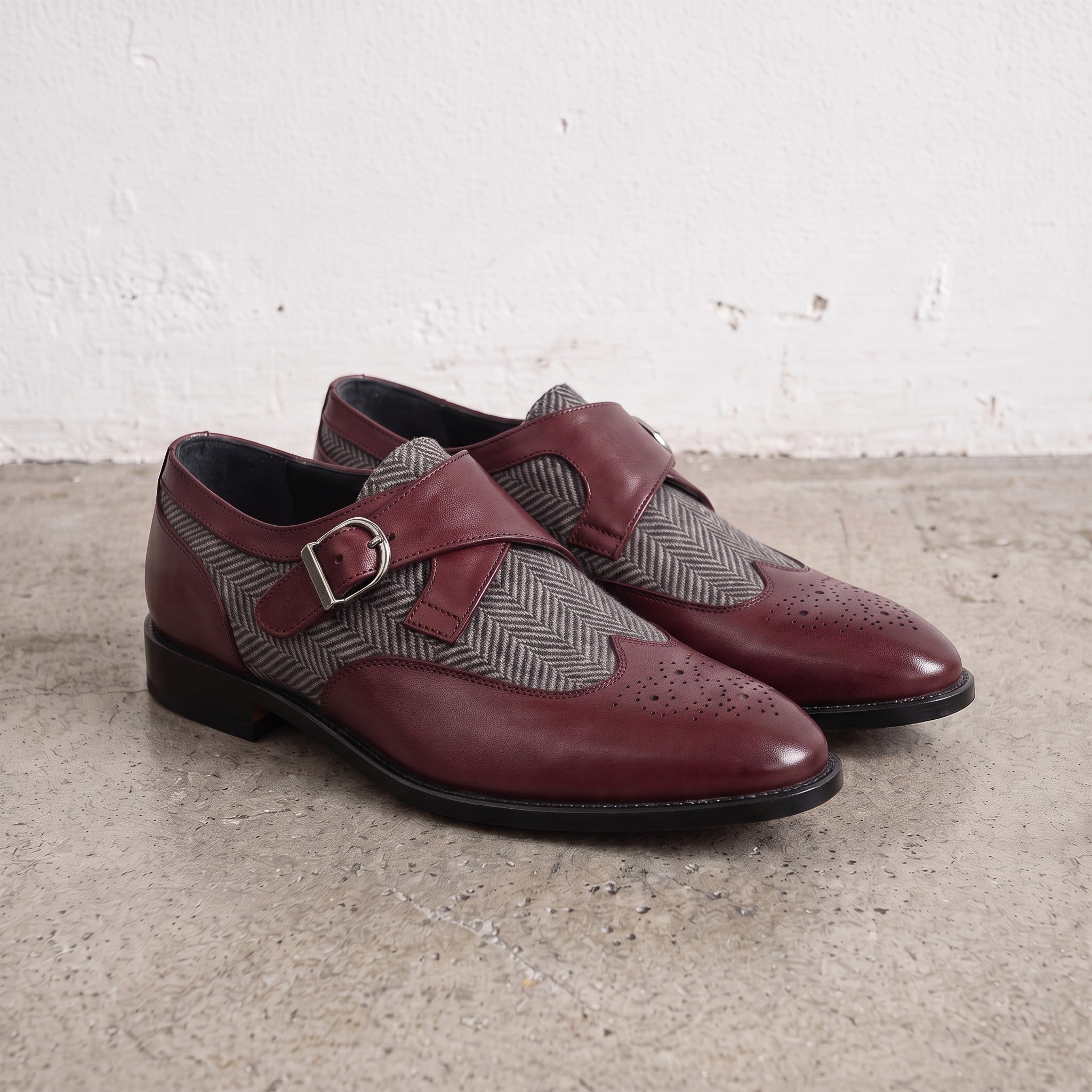 Men's Grey and Burgundy Wingtip Leather Monk Strap Shoes — Thirsk