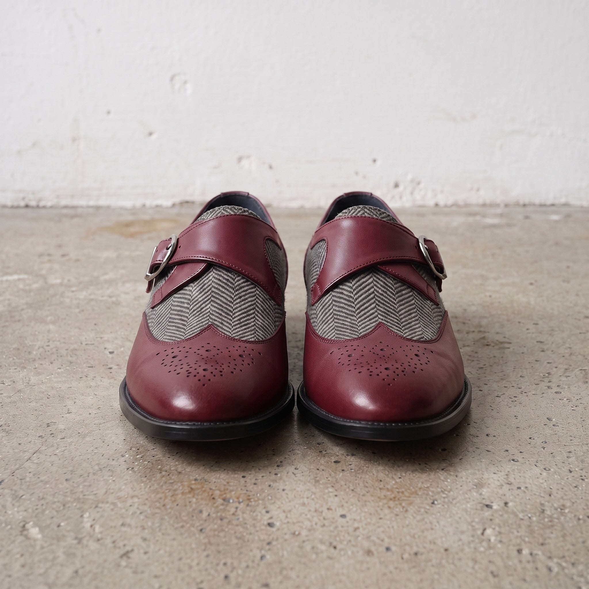 Men's Grey and Burgundy Wingtip Leather Monk Strap Shoes — Thirsk