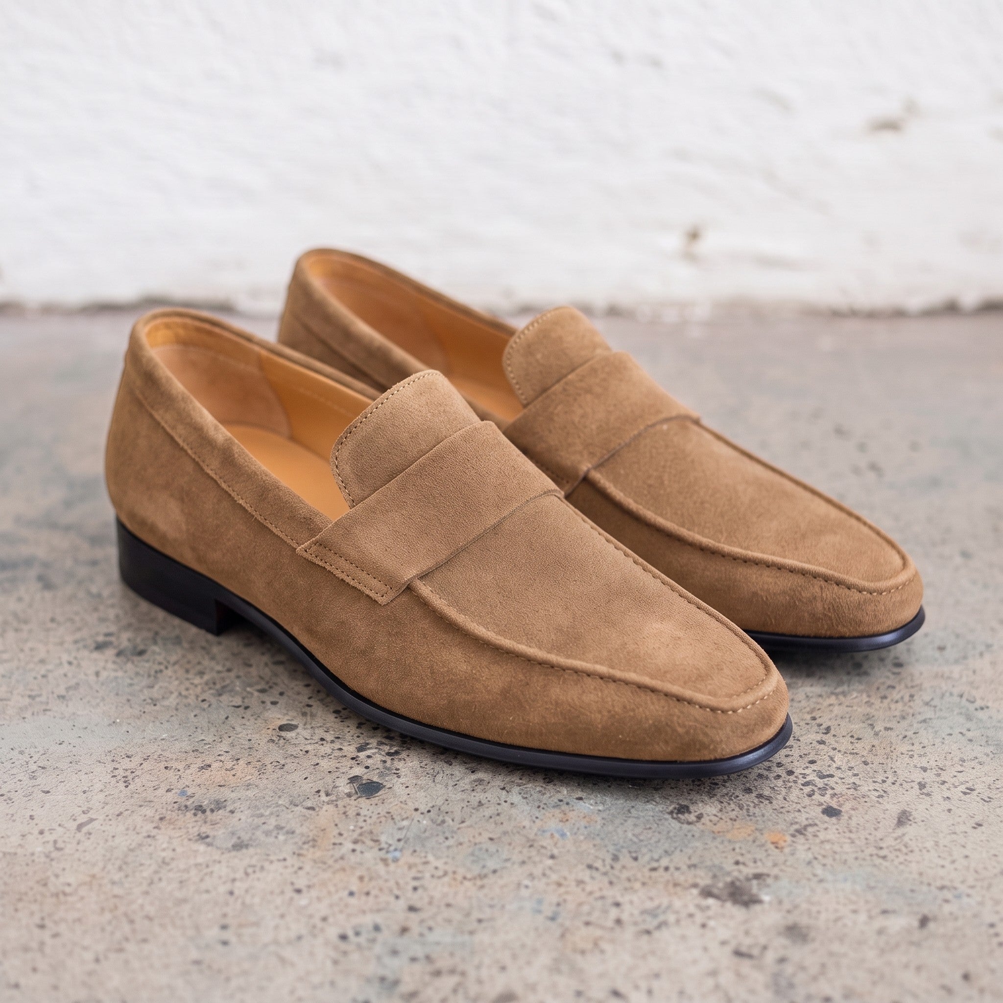 Men's Tan Apron-Toe Suede Penny Loafers — Dedham