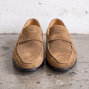 Men's Tan Apron-Toe Suede Penny Loafers — Dedham