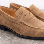 Men's Tan Apron-Toe Suede Penny Loafers — Dedham