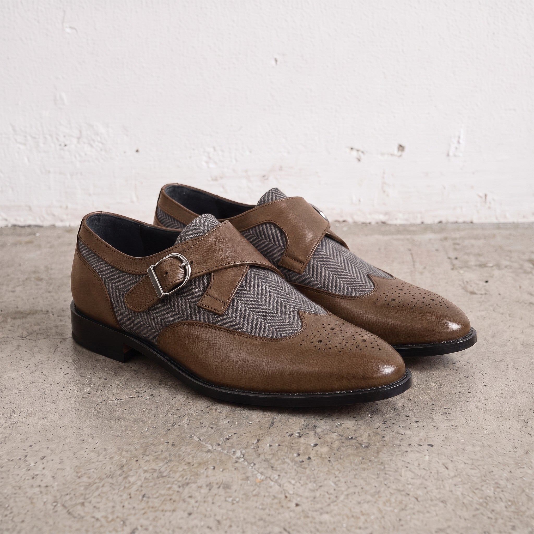 Men's Grey and Brown Wingtip Leather Monk Strap Shoes — Thirsk
