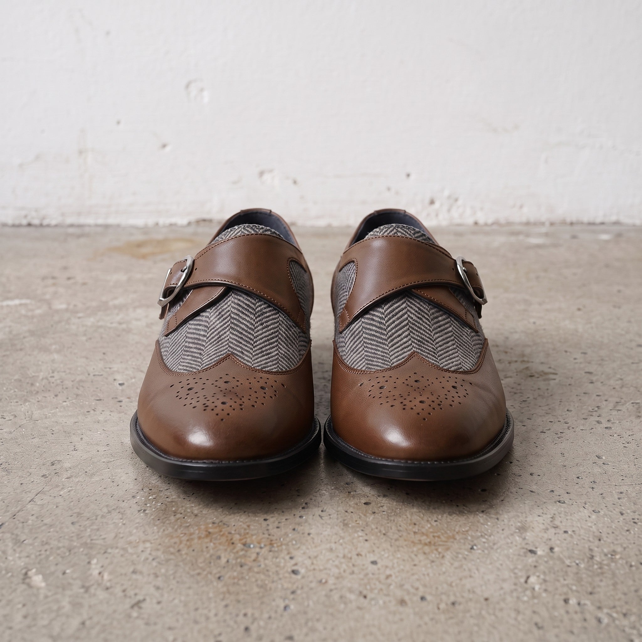 Men's Grey and Brown Wingtip Leather Monk Strap Shoes — Thirsk