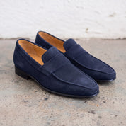 Men's Navy Blue Apron-Toe Suede Penny Loafers — Dedham