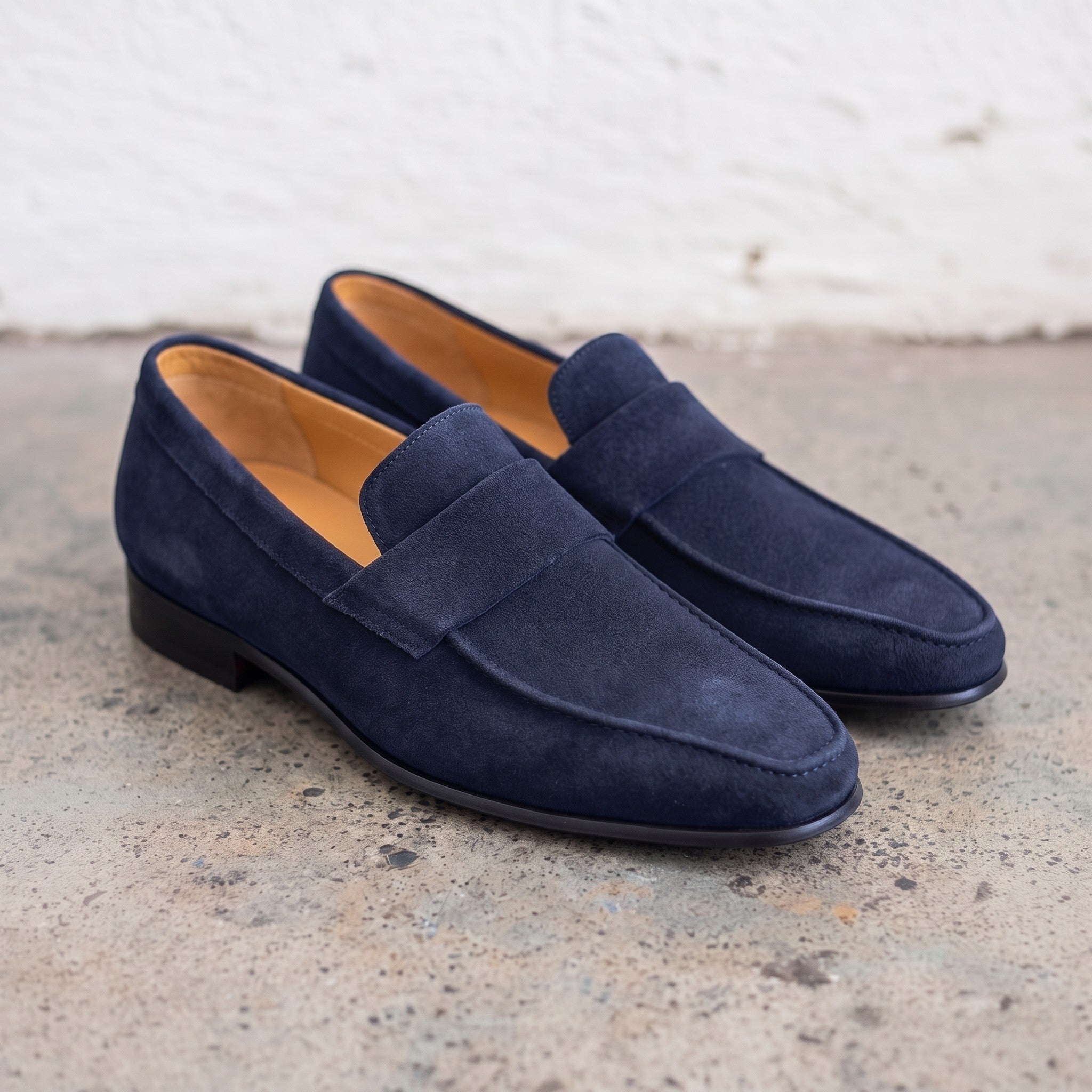 Men's Navy Blue Apron-Toe Suede Penny Loafers — Dedham