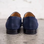 Men's Navy Blue Apron-Toe Suede Penny Loafers — Dedham
