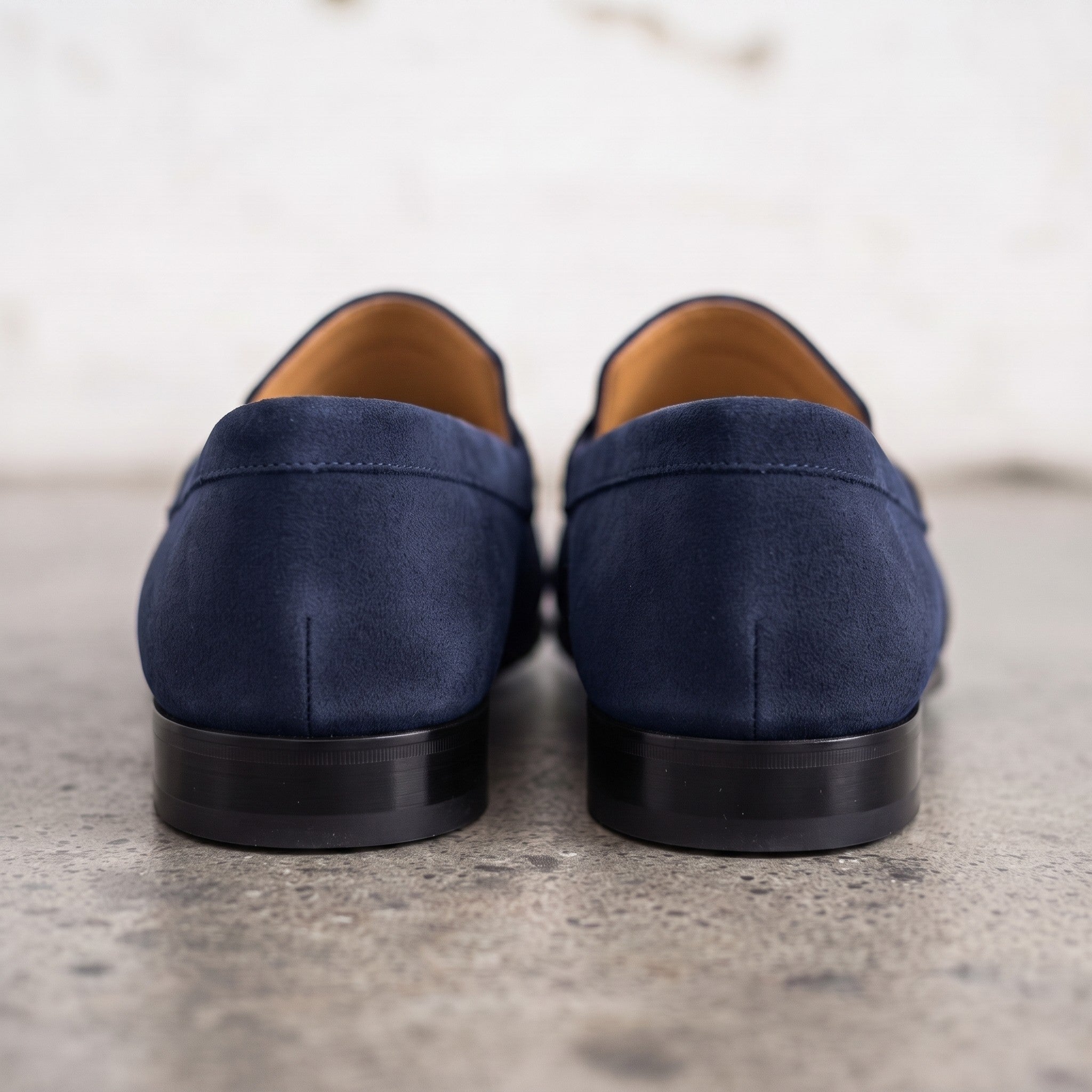 Men's Navy Blue Apron-Toe Suede Penny Loafers — Dedham