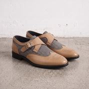 Men's Grey and Tan Wingtip Leather Monk Strap Shoes — Thirsk