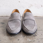 Men's Light Gray Apron-Toe Suede Penny Loafers — Dedham