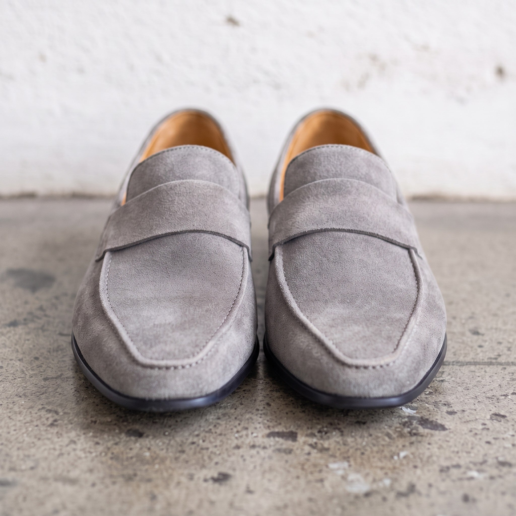 Men's Light Gray Apron-Toe Suede Penny Loafers — Dedham