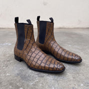 Handmade Men's Brown Crocodile Embossed Chelsea Boots — Hixon