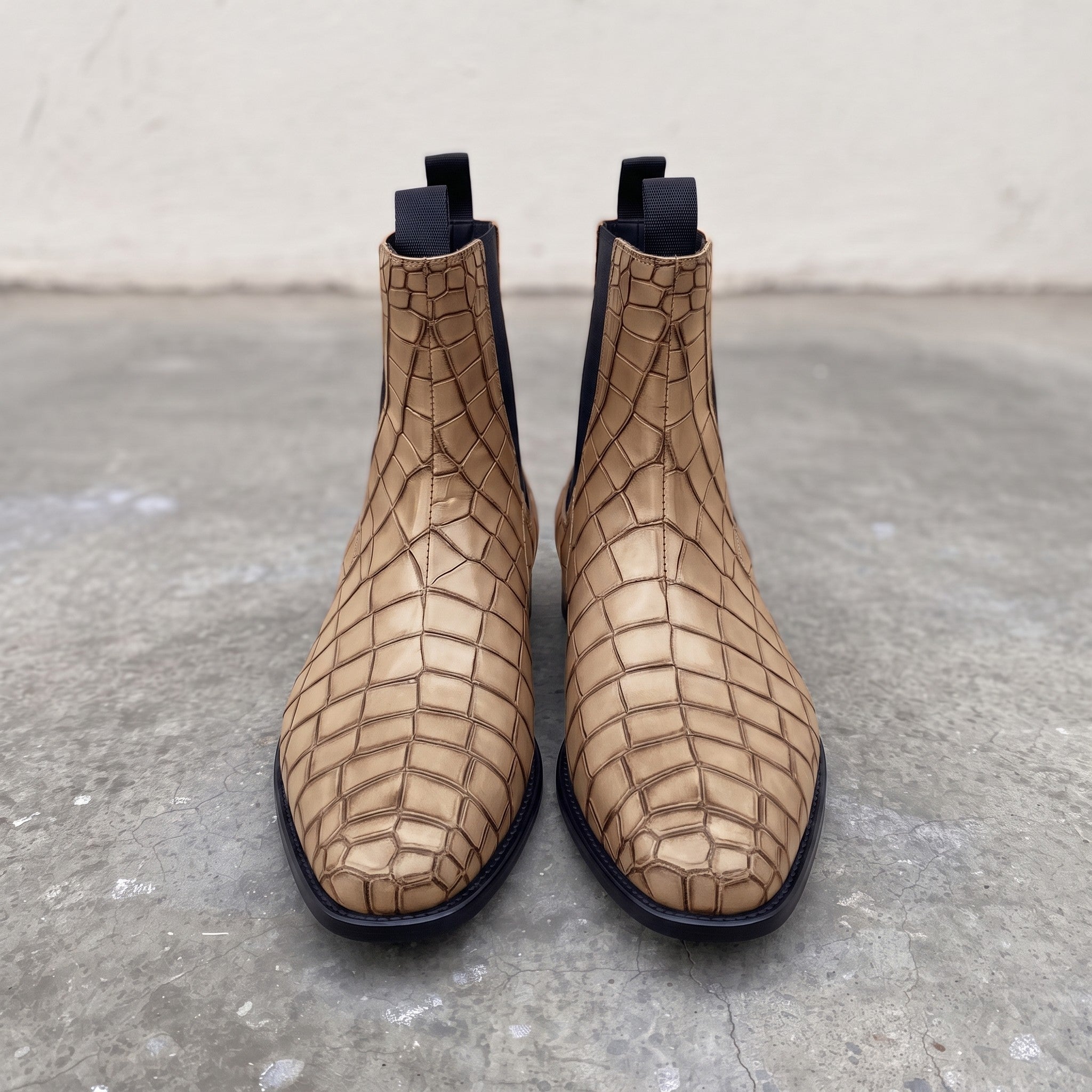 Handmade Men's Tan Crocodile Embossed Chelsea Boots — Hixon
