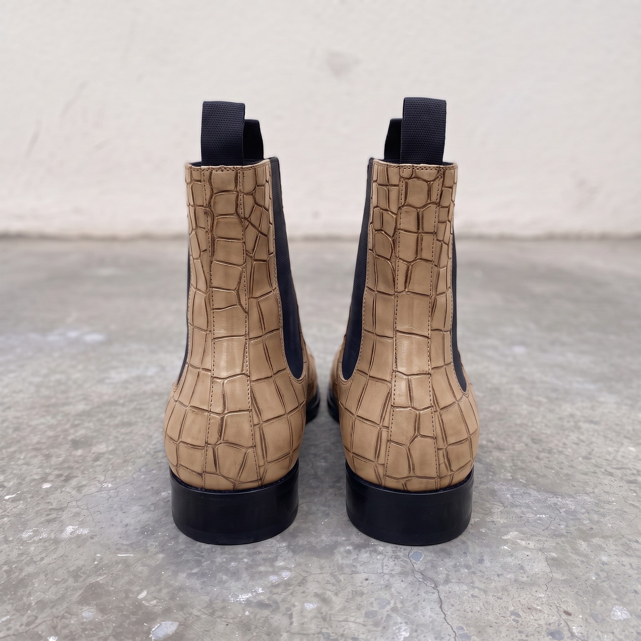 Handmade Men's Tan Crocodile Embossed Chelsea Boots — Hixon