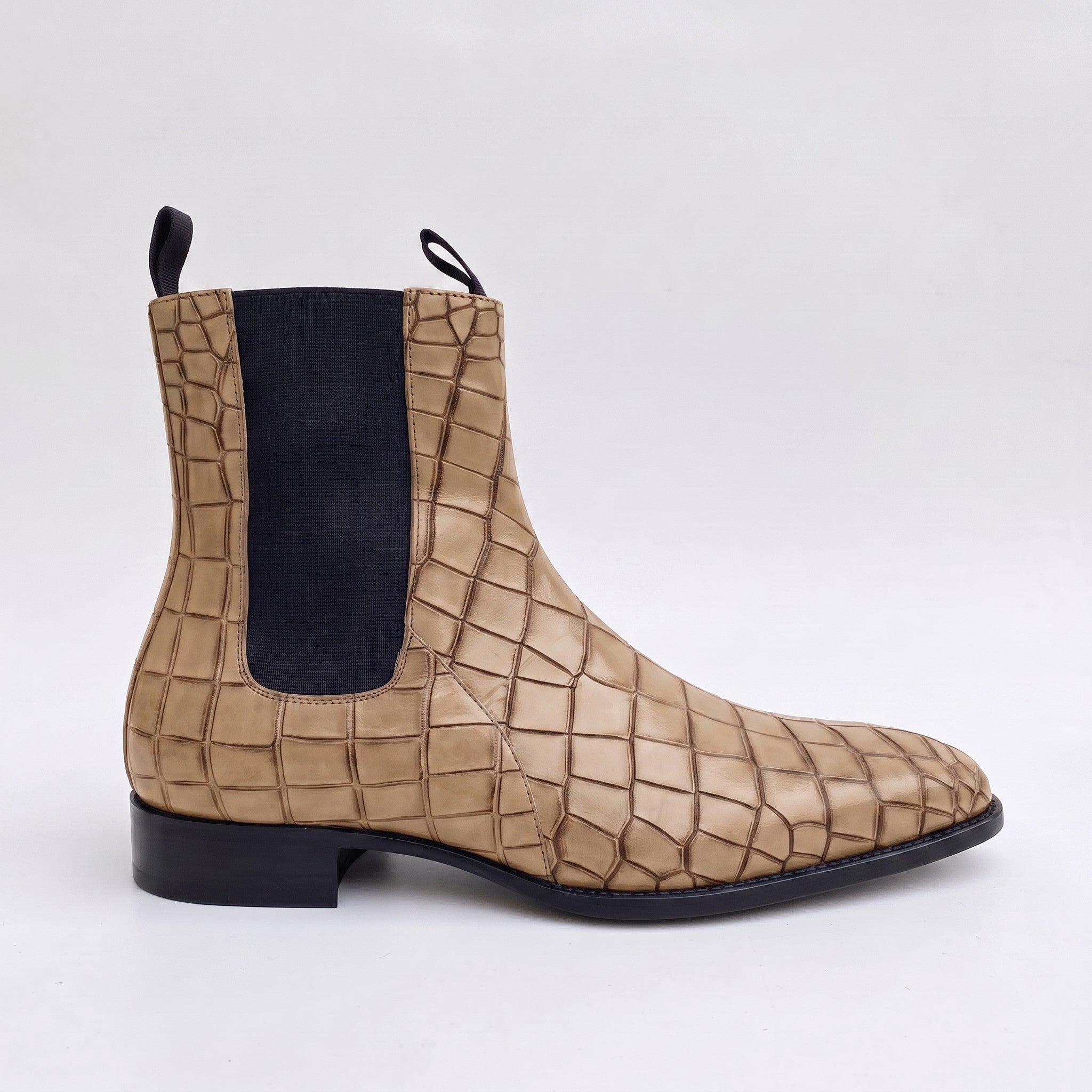 Handmade Men's Tan Crocodile Embossed Chelsea Boots — Hixon