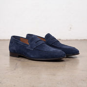 Men's Dark Navy Blue Suede Apron-Toe Penny Loafers — Armley