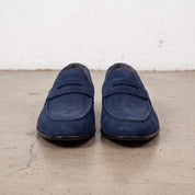 Men's Dark Navy Blue Suede Apron-Toe Penny Loafers — Armley
