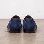 Men's Dark Navy Blue Suede Apron-Toe Penny Loafers — Armley