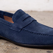 Men's Dark Navy Blue Suede Apron-Toe Penny Loafers — Armley