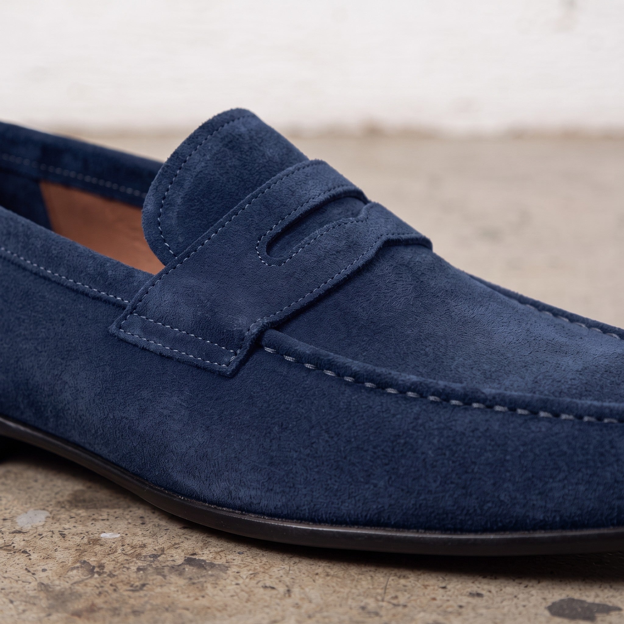 Men's Dark Navy Blue Suede Apron-Toe Penny Loafers — Armley