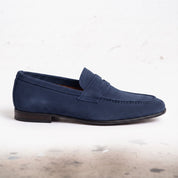 Men's Dark Navy Blue Suede Apron-Toe Penny Loafers — Armley