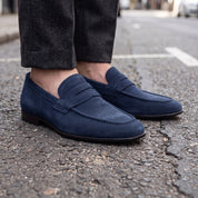Men's Dark Navy Blue Suede Apron-Toe Penny Loafers — Armley