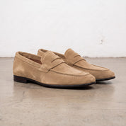 Men's Dark Tan Suede Apron-Toe Penny Loafers — Armley