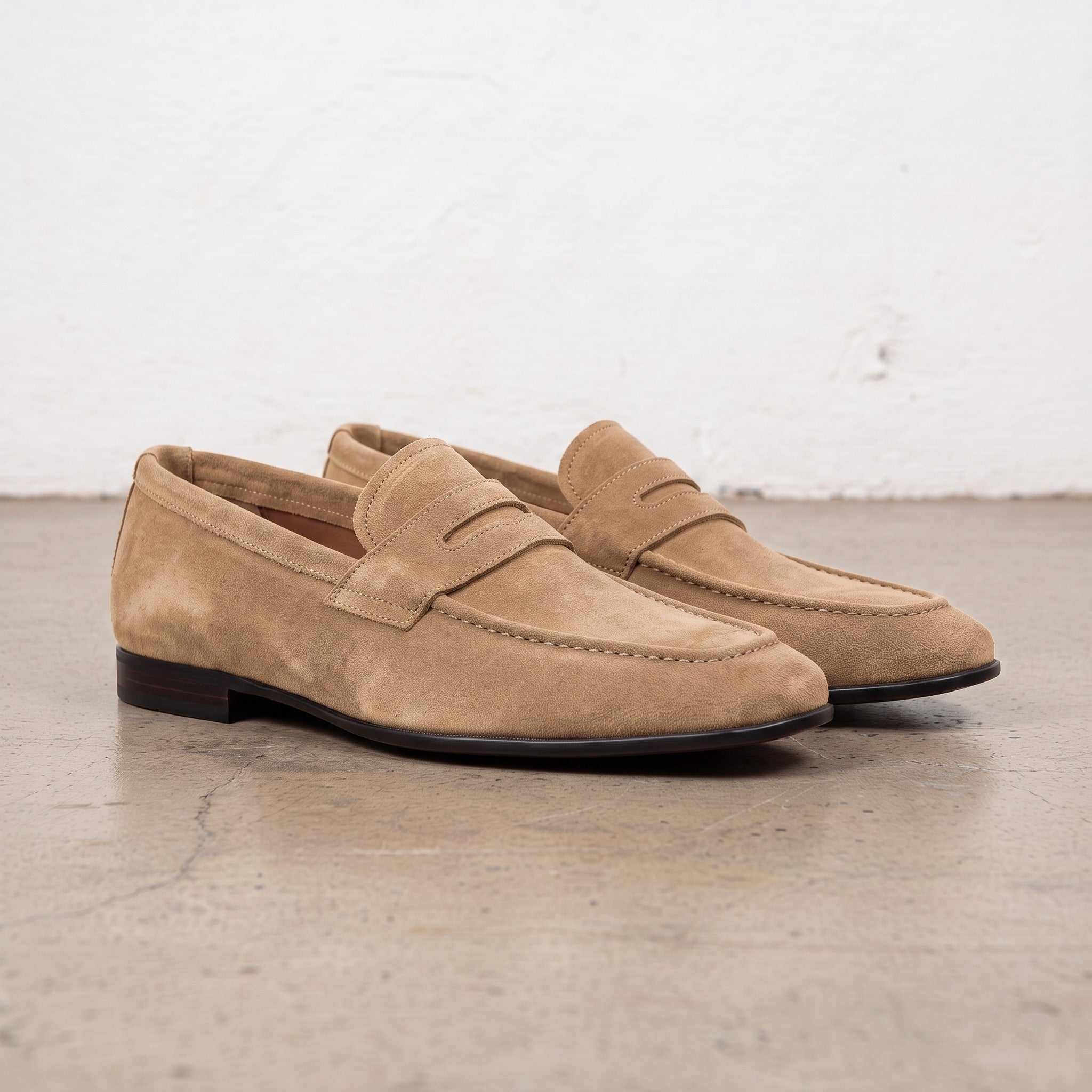 Men's Dark Tan Suede Apron-Toe Penny Loafers — Armley