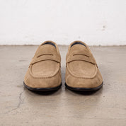 Men's Dark Tan Suede Apron-Toe Penny Loafers — Armley