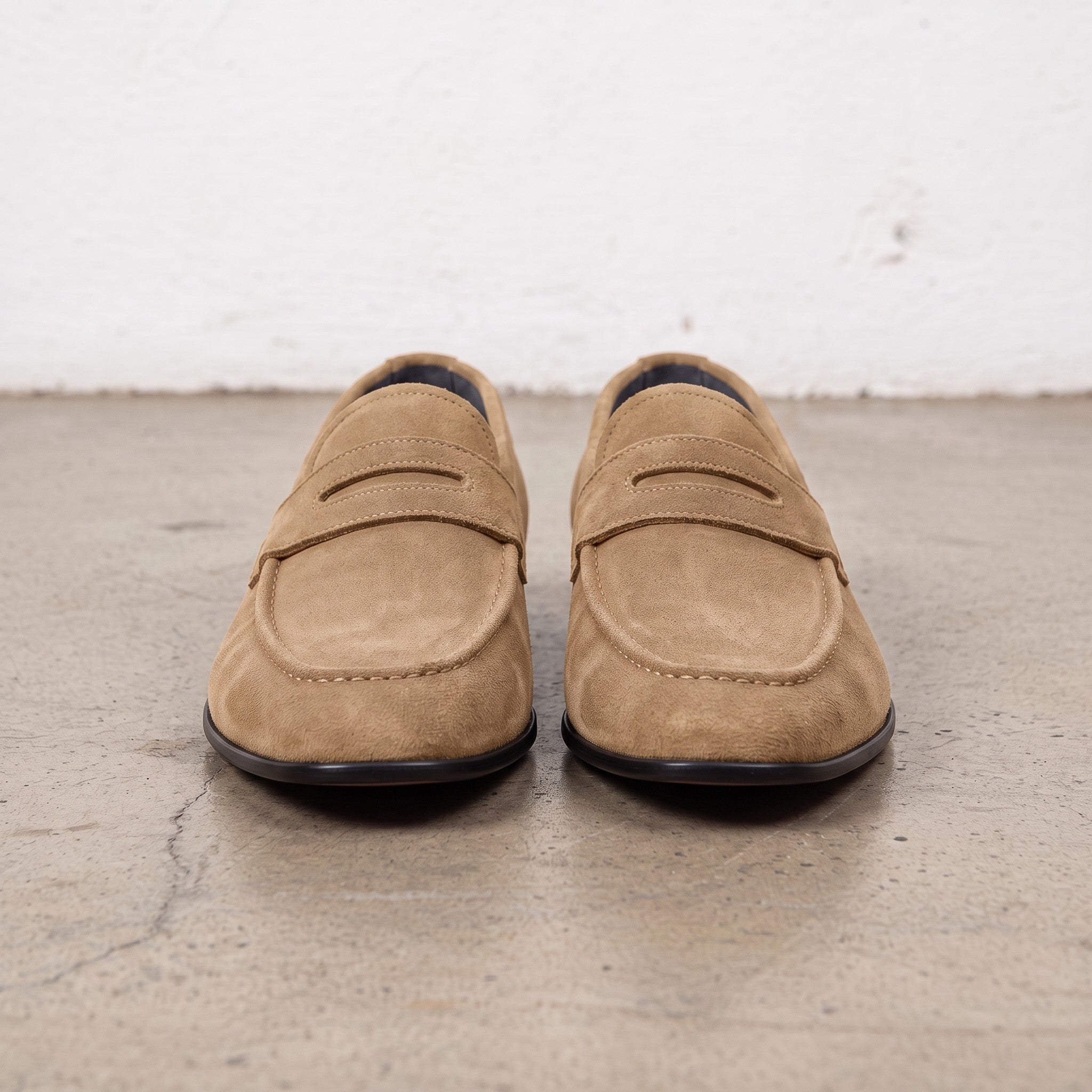 Men's Dark Tan Suede Apron-Toe Penny Loafers — Armley