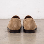 Men's Dark Tan Suede Apron-Toe Penny Loafers — Armley