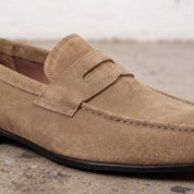 Men's Dark Tan Suede Apron-Toe Penny Loafers — Armley