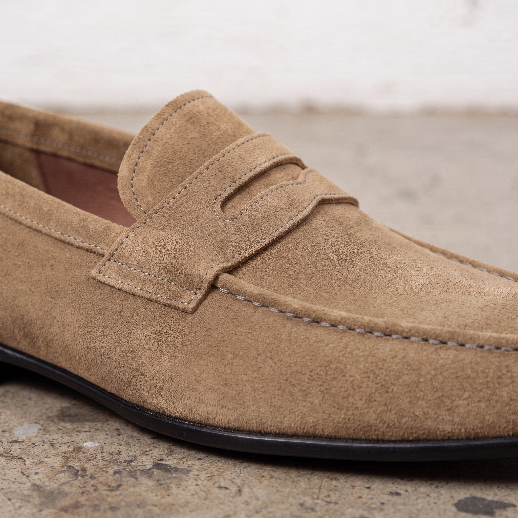 Men's Dark Tan Suede Apron-Toe Penny Loafers — Armley