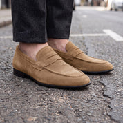 Men's Dark Tan Suede Apron-Toe Penny Loafers — Armley