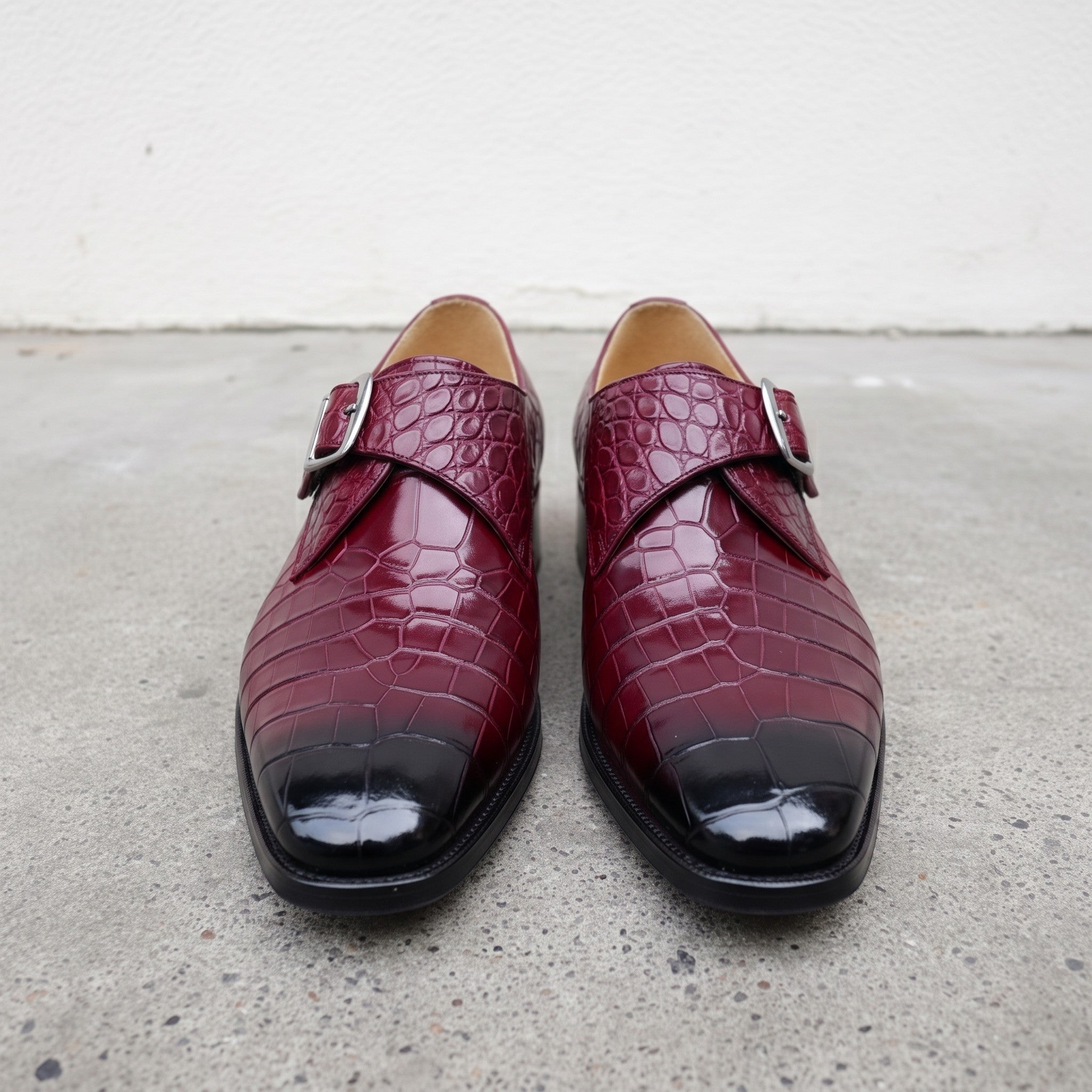 Men's Burgundy Crocodile-Embossed Leather Plain-Toe Monk Strap Shoes — Huntley